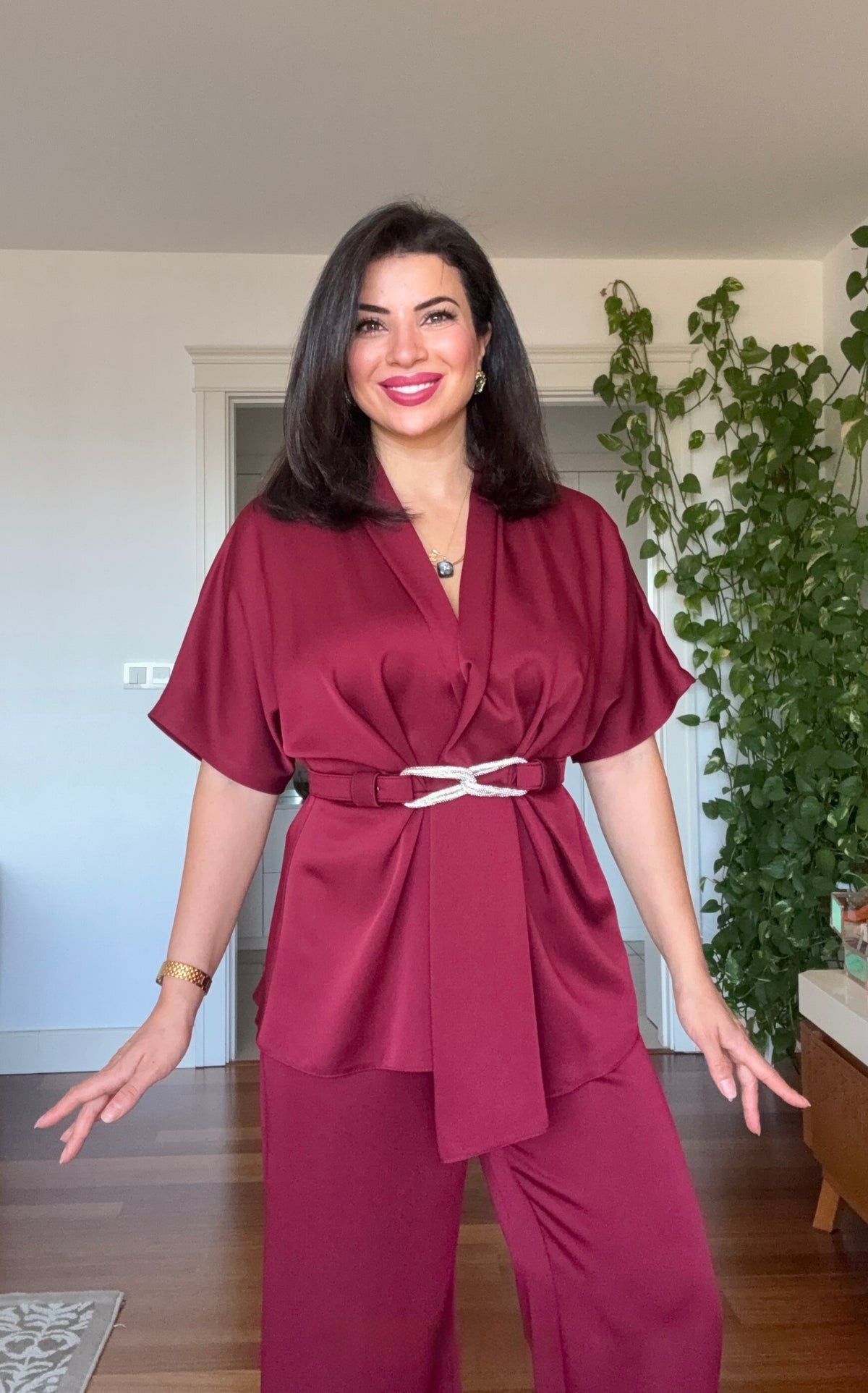 SATIN TWO-PIECE SET WITH WRAP TIE DETAIL