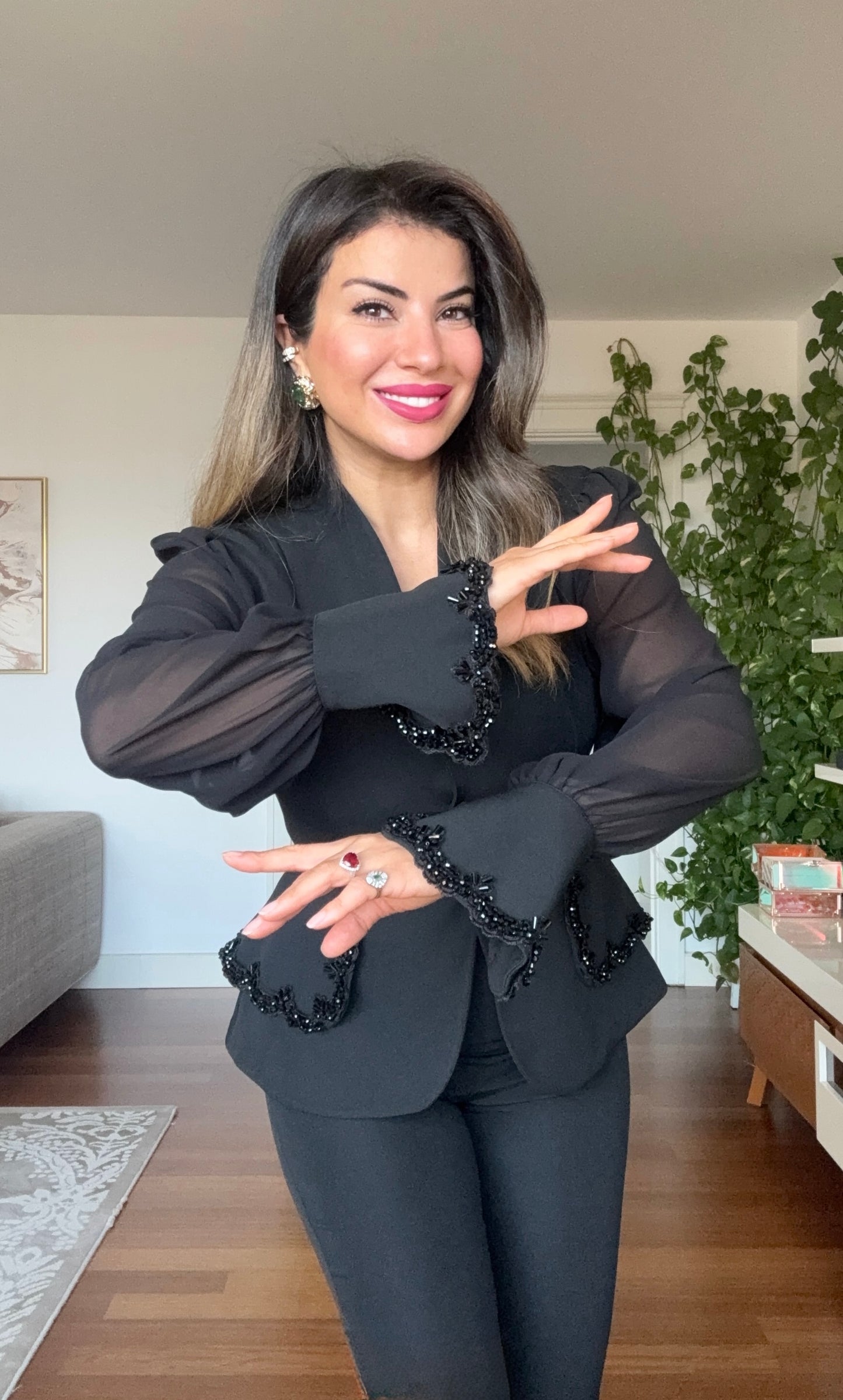 EMBELLISHED CHIFFON SLEEVE BLAZER SUIT - BLACK