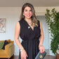 V-NECK CROSSOVER WAISTED SLEEVELESS MAXI DRESS - BLACK