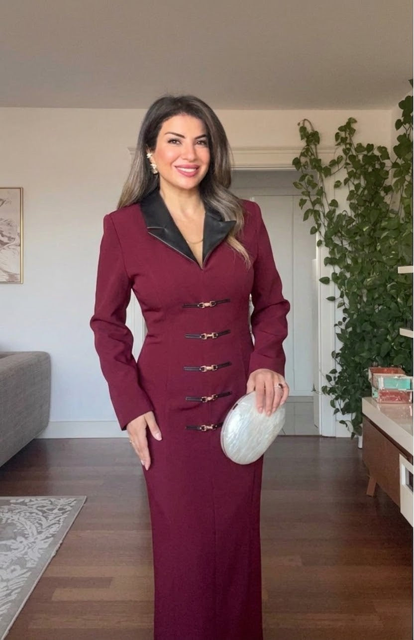 BELTED LEATHER COLLAR MIDI DRESS - BURGUNDY