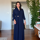 SHAWL COLLAR GOLD BUCKLE DETAIL FLOWY MAXI DRESS - NAVY BLUE