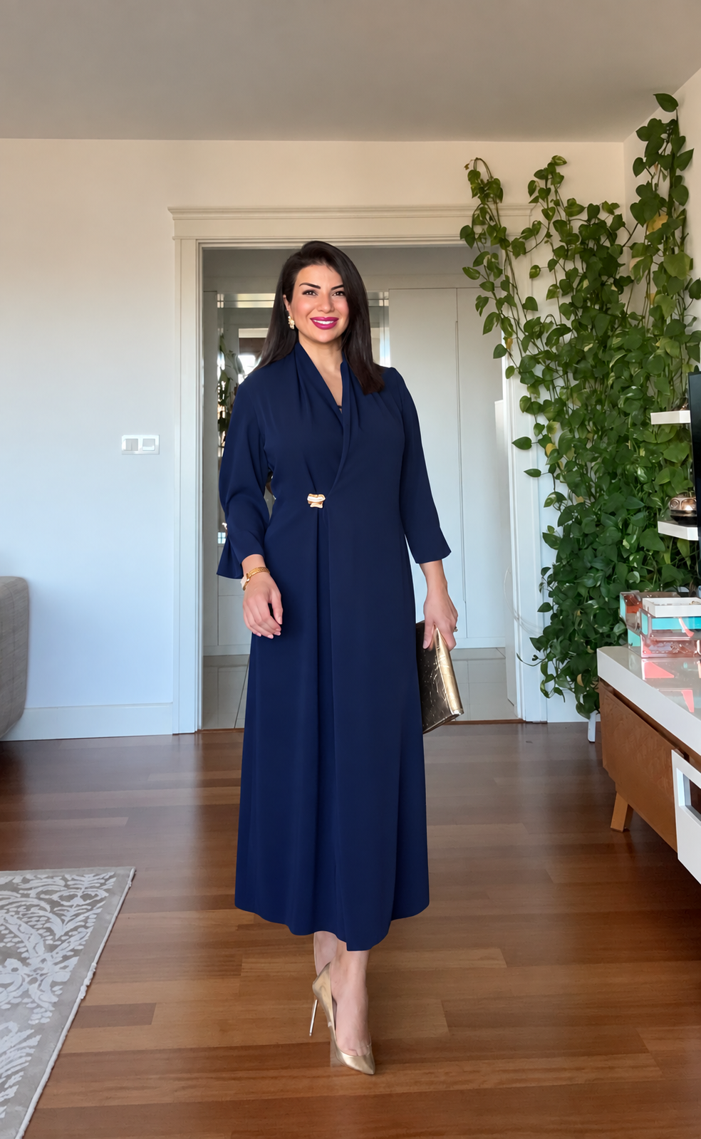 SHAWL COLLAR GOLD BUCKLE DETAIL FLOWY MAXI DRESS - NAVY BLUE