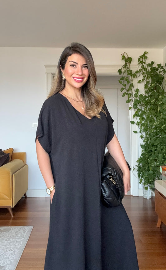 V-NECK OVERSIZED MAXI DRESS - BLACK