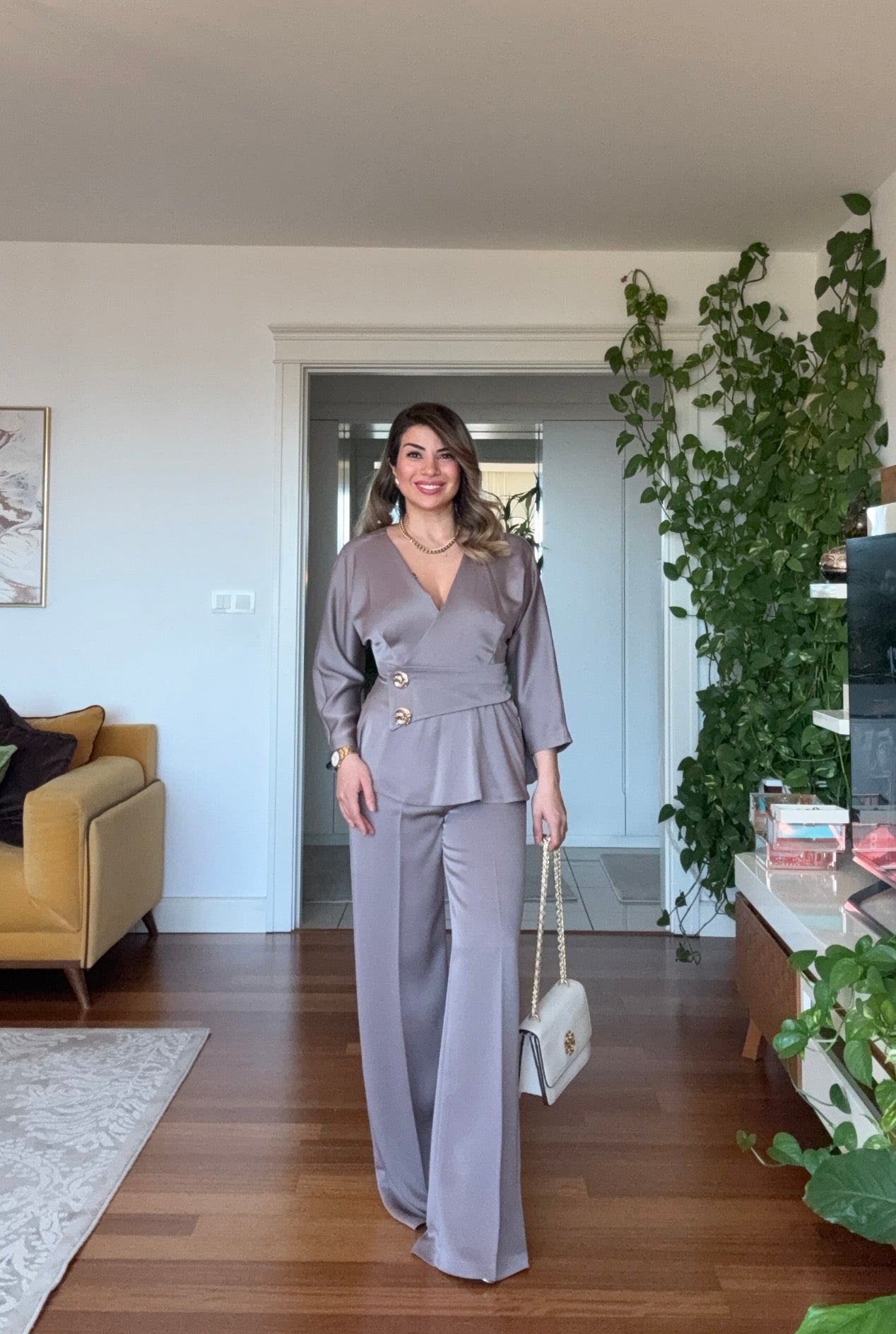 ELEGANT WRAP PEPLUM SUIT – MINK