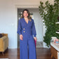 CROSSOVER NECK WAIST-DETAILED WIDE-LEG ELEGANT JUMPSUIT - İNDİGO