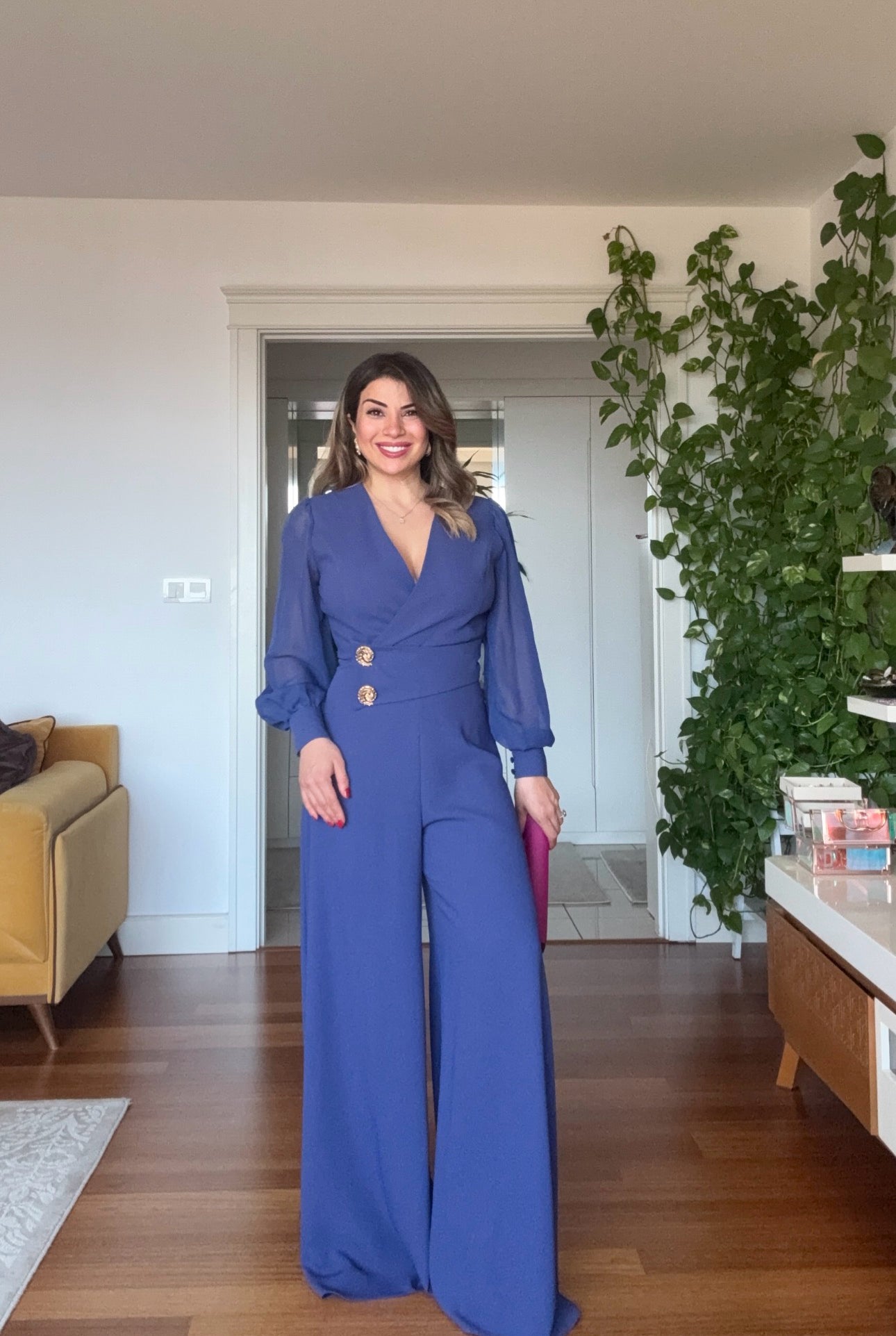 CROSSOVER NECK WAIST-DETAILED WIDE-LEG ELEGANT JUMPSUIT - İNDİGO