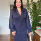 BEADED EMBROIDERED CHIFFON SLEEVE MIDI DRESS - NAVY