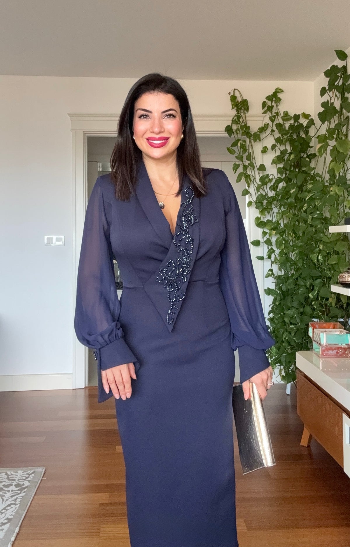 BEADED EMBROIDERED CHIFFON SLEEVE MIDI DRESS - NAVY