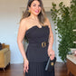 V-NECK BELTED PLEATED MAXI DRESS - BLACK