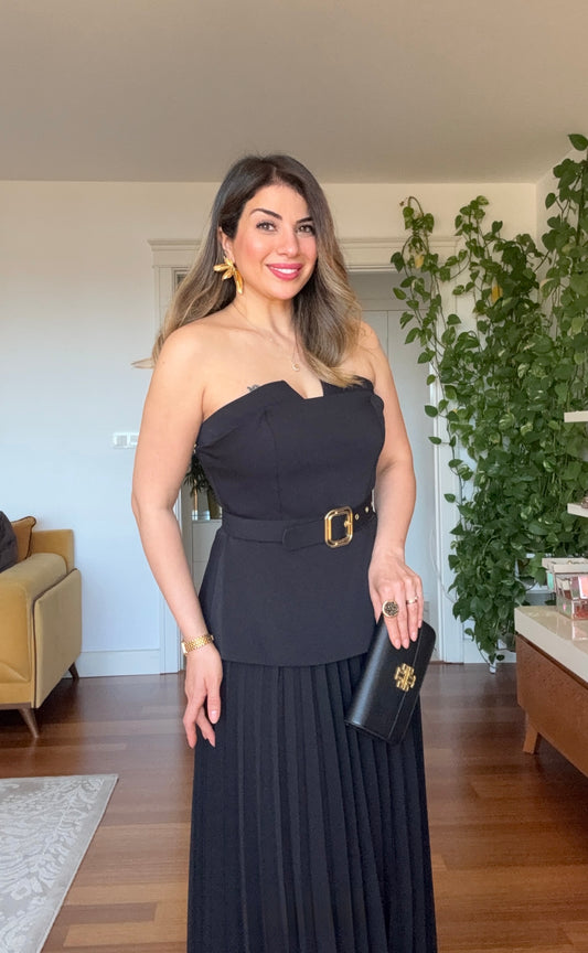 V-NECK BELTED PLEATED MAXI DRESS - BLACK