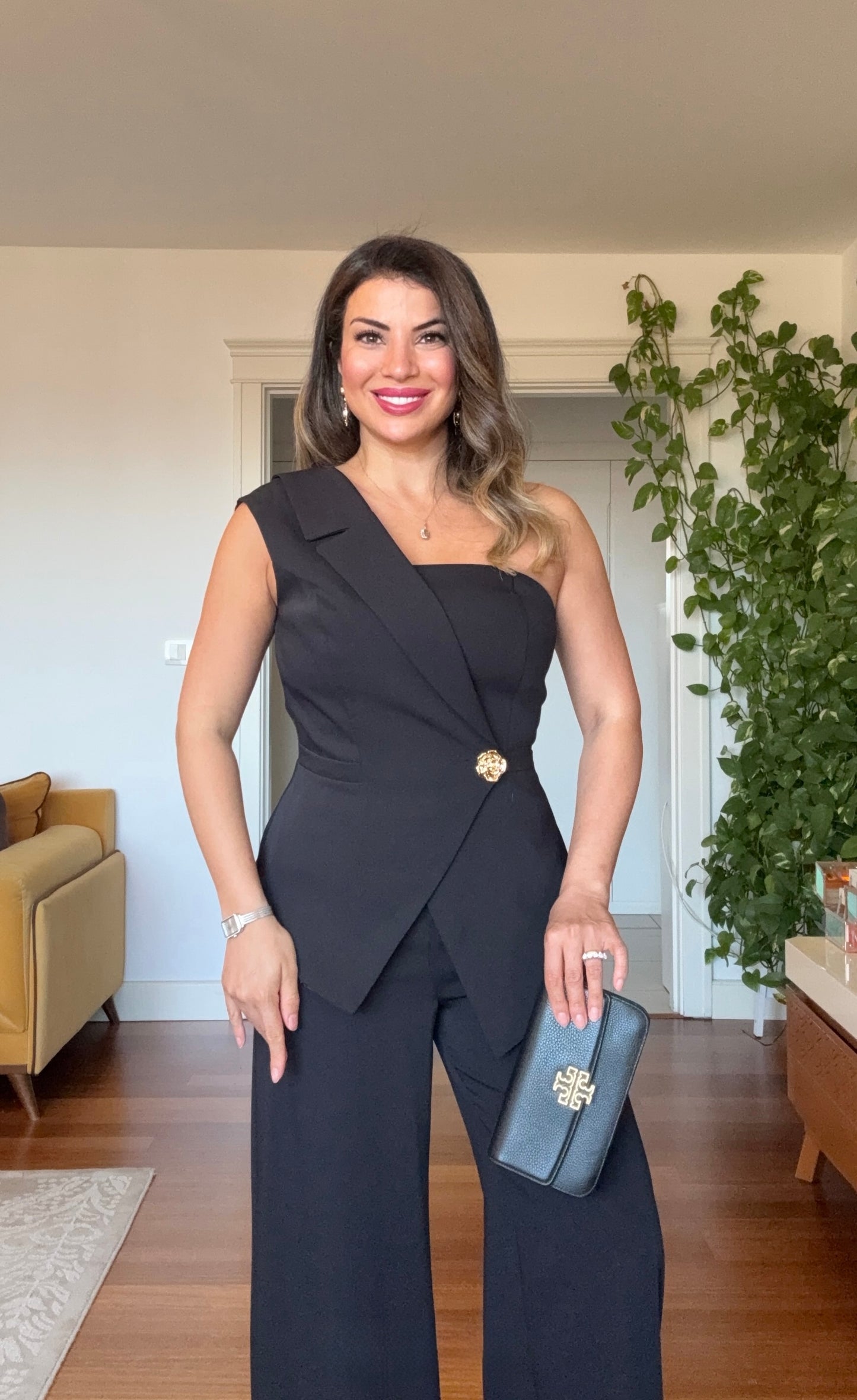 ASYMMETRIC ONE-SHOULDER BLAZER COLLAR WIDE-LEG SUIT - BLACK