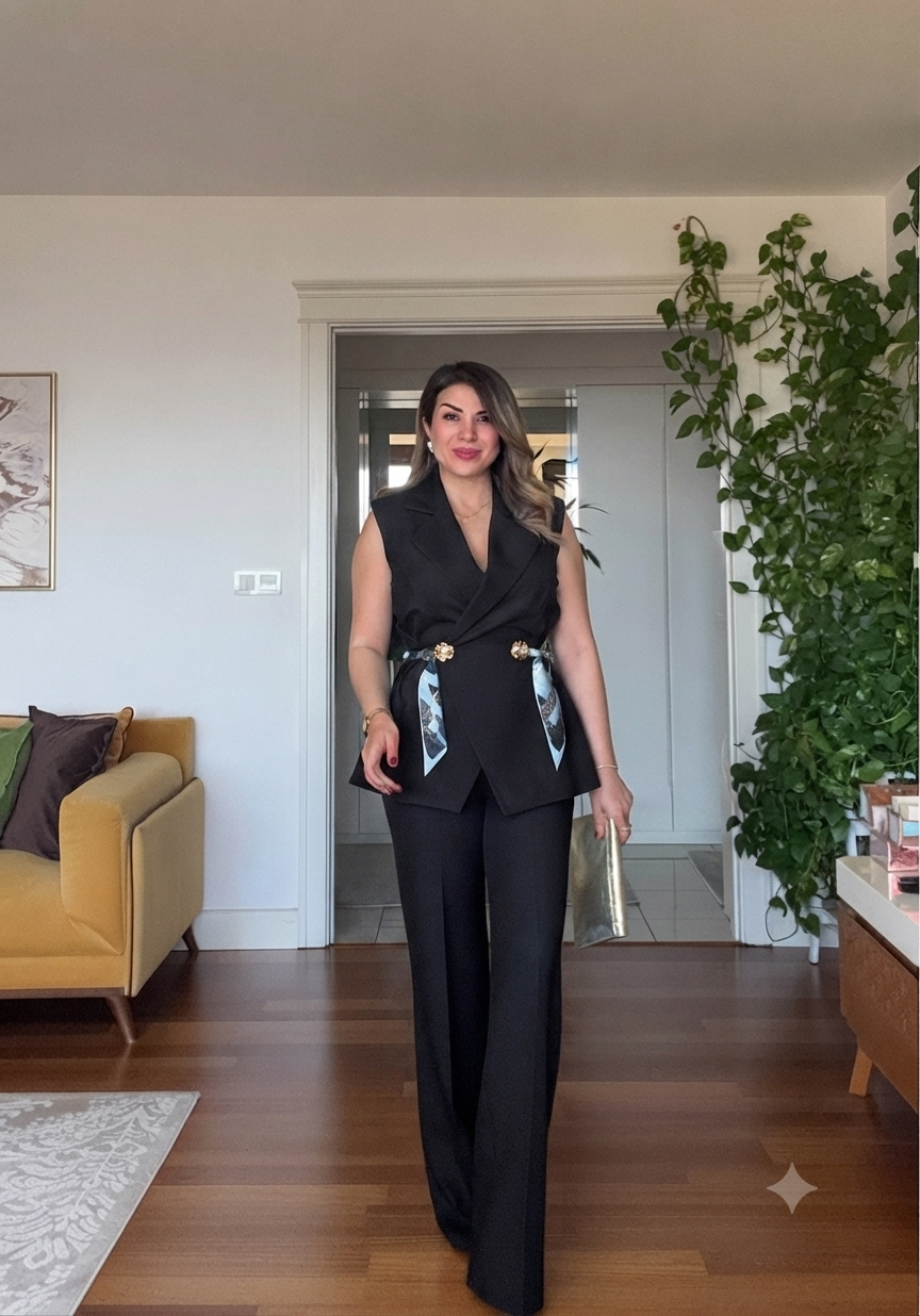 VEST TWO-PIECE SET WITH CHAIN BELT DETAIL - BLACK