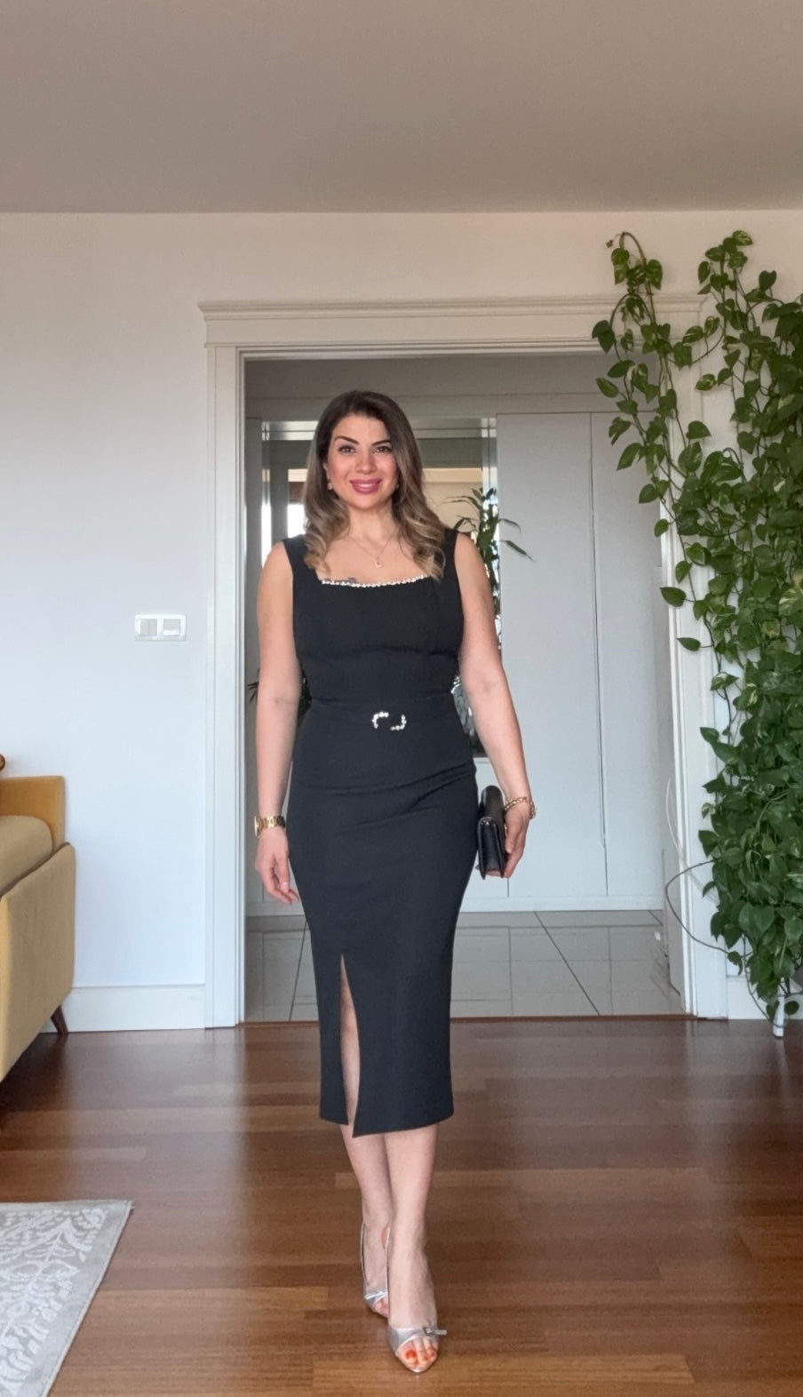 ELEGANT SQUARE NECK EMBELLISHED EVENING DRESS - BLACK