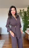 GOLD BUCKLE DETAIL CROSSOVER BLAZER SET - MOCHA BROWN