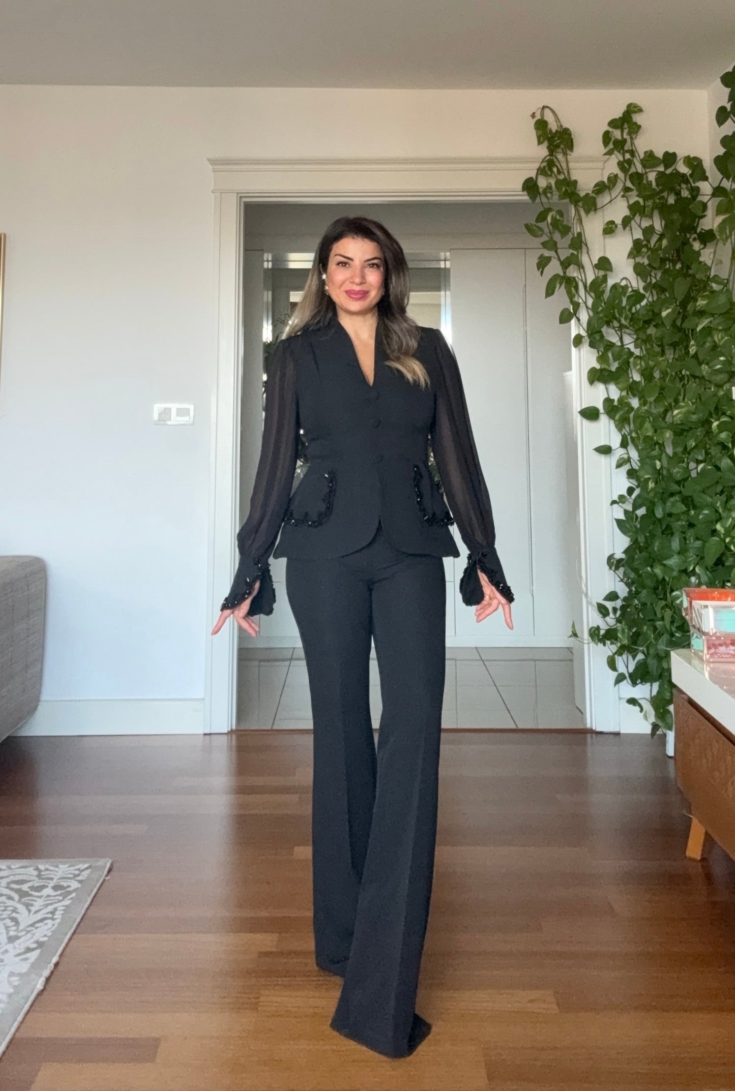 EMBELLISHED CHIFFON SLEEVE BLAZER SUIT - BLACK