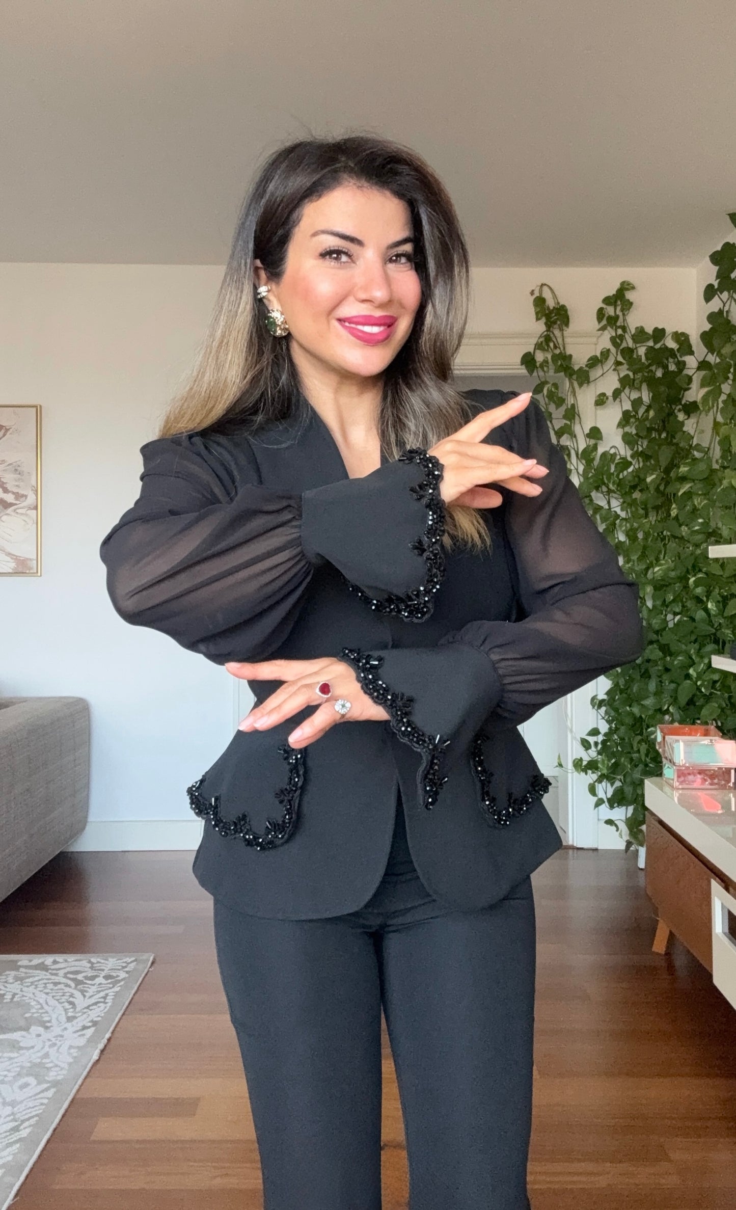 EMBELLISHED CHIFFON SLEEVE BLAZER SUIT - BLACK