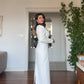BELTED LEATHER COLLAR MIDI DRESS - WHITE