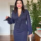 BEADED EMBROIDERED CHIFFON SLEEVE MIDI DRESS - NAVY
