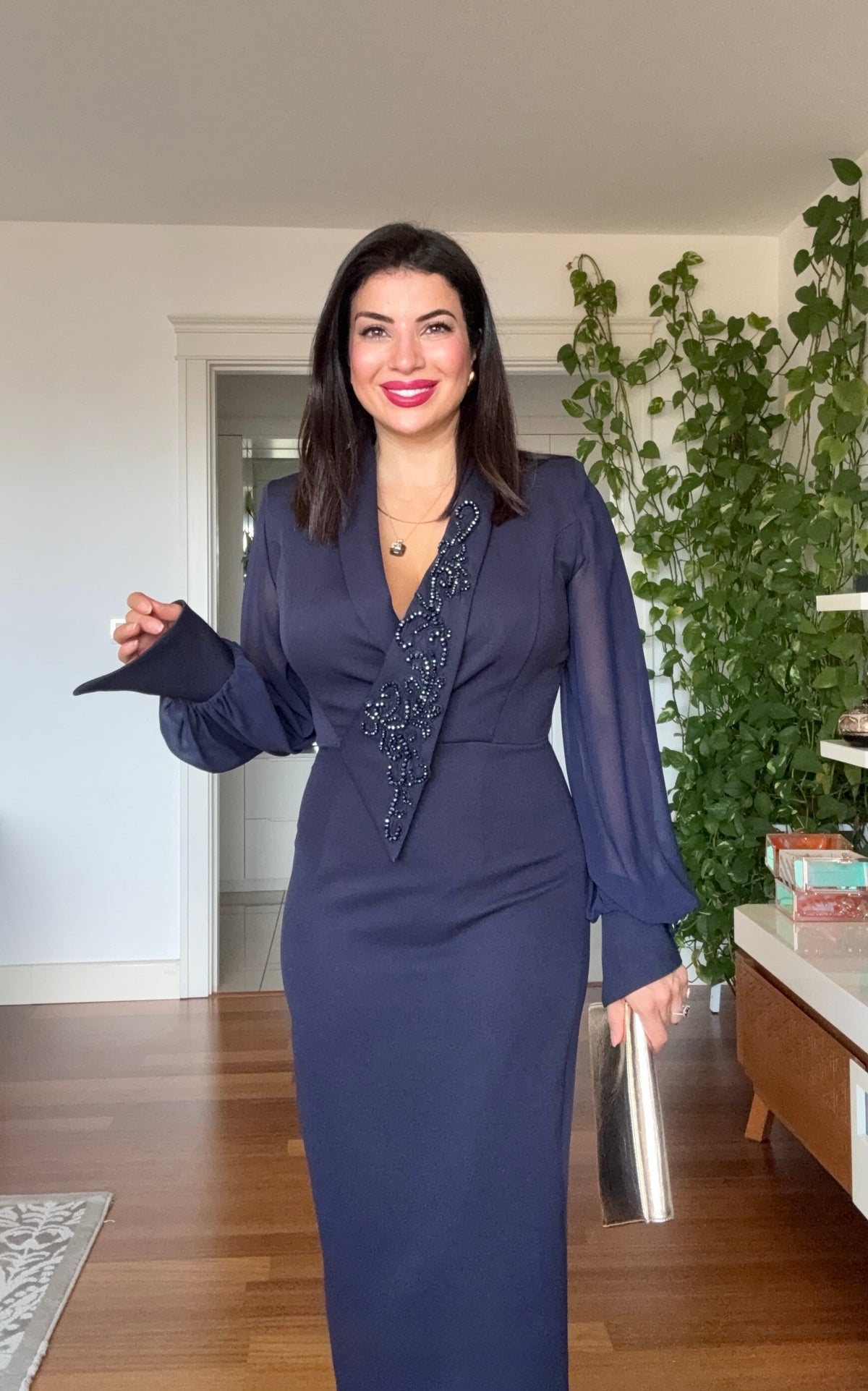 BEADED EMBROIDERED CHIFFON SLEEVE MIDI DRESS - NAVY