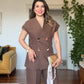 GOLD BUTTON DETAILED WRAP VEST & TROUSERS SET – BROWN