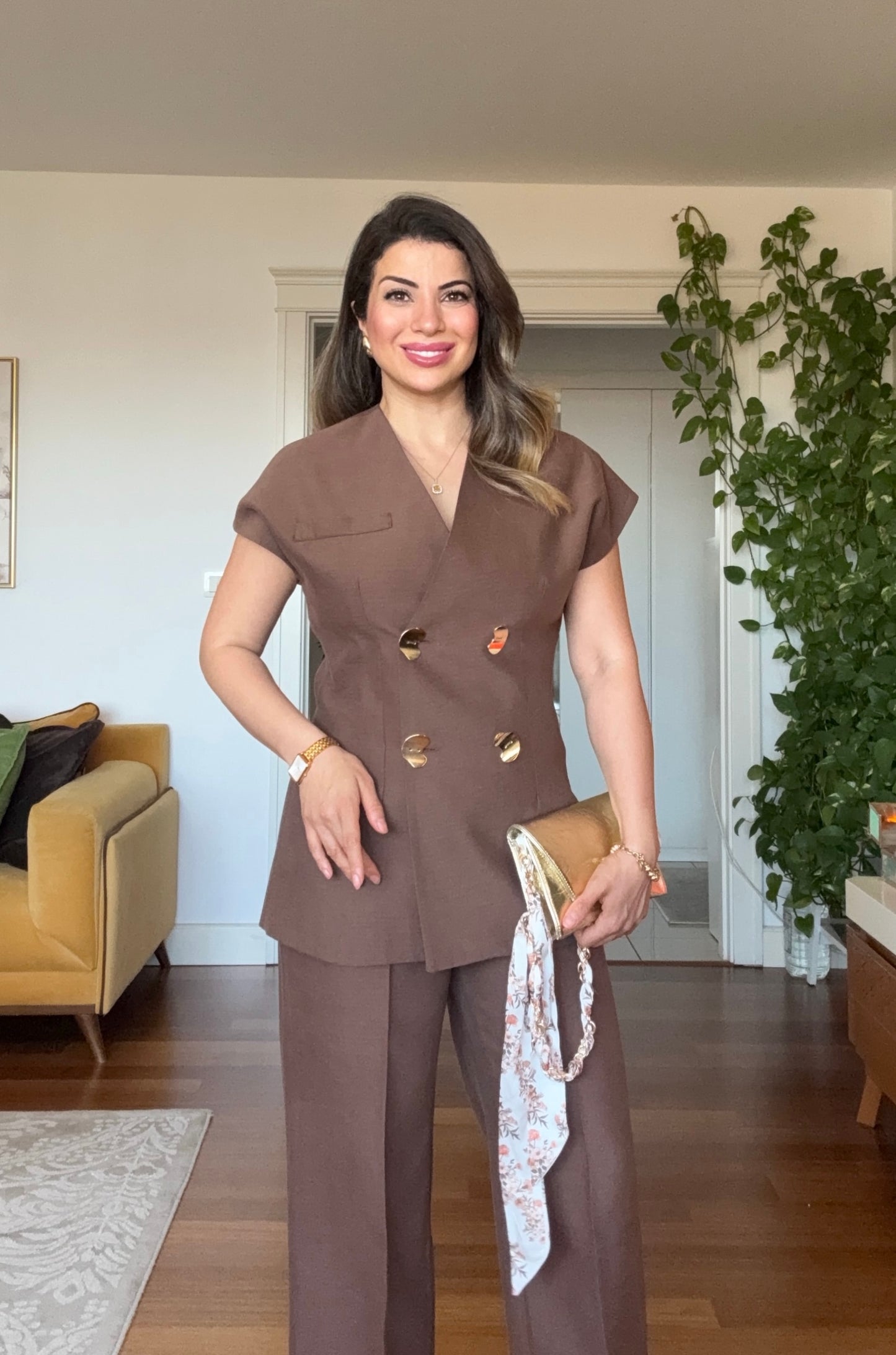 GOLD BUTTON DETAILED WRAP VEST & TROUSERS SET – BROWN