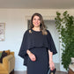 CAPE DETAIL BROOCHED MIDI DRESS - BLACK