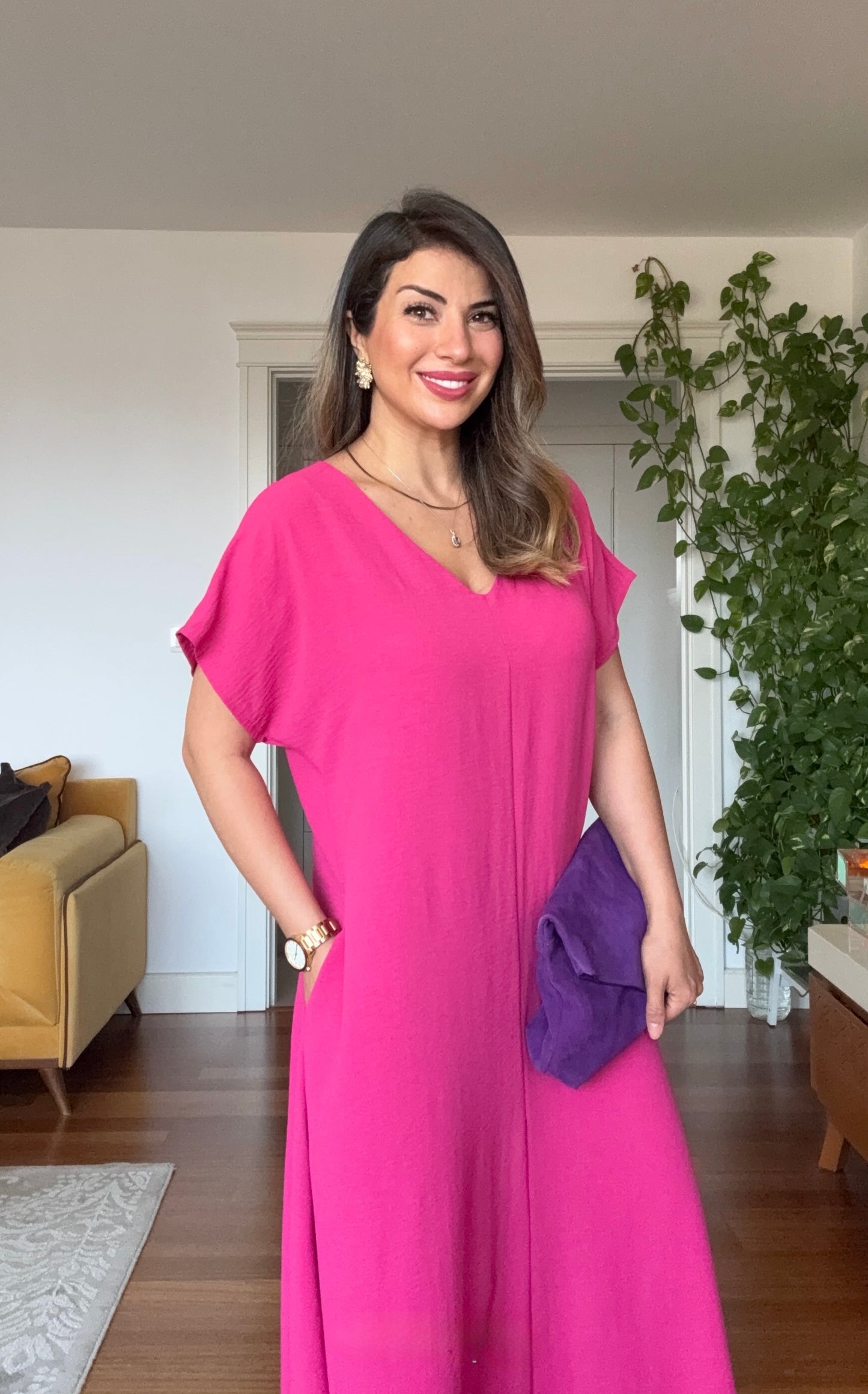 V-NECK OVERSIZED MAXI DRESS - FUCHSIA