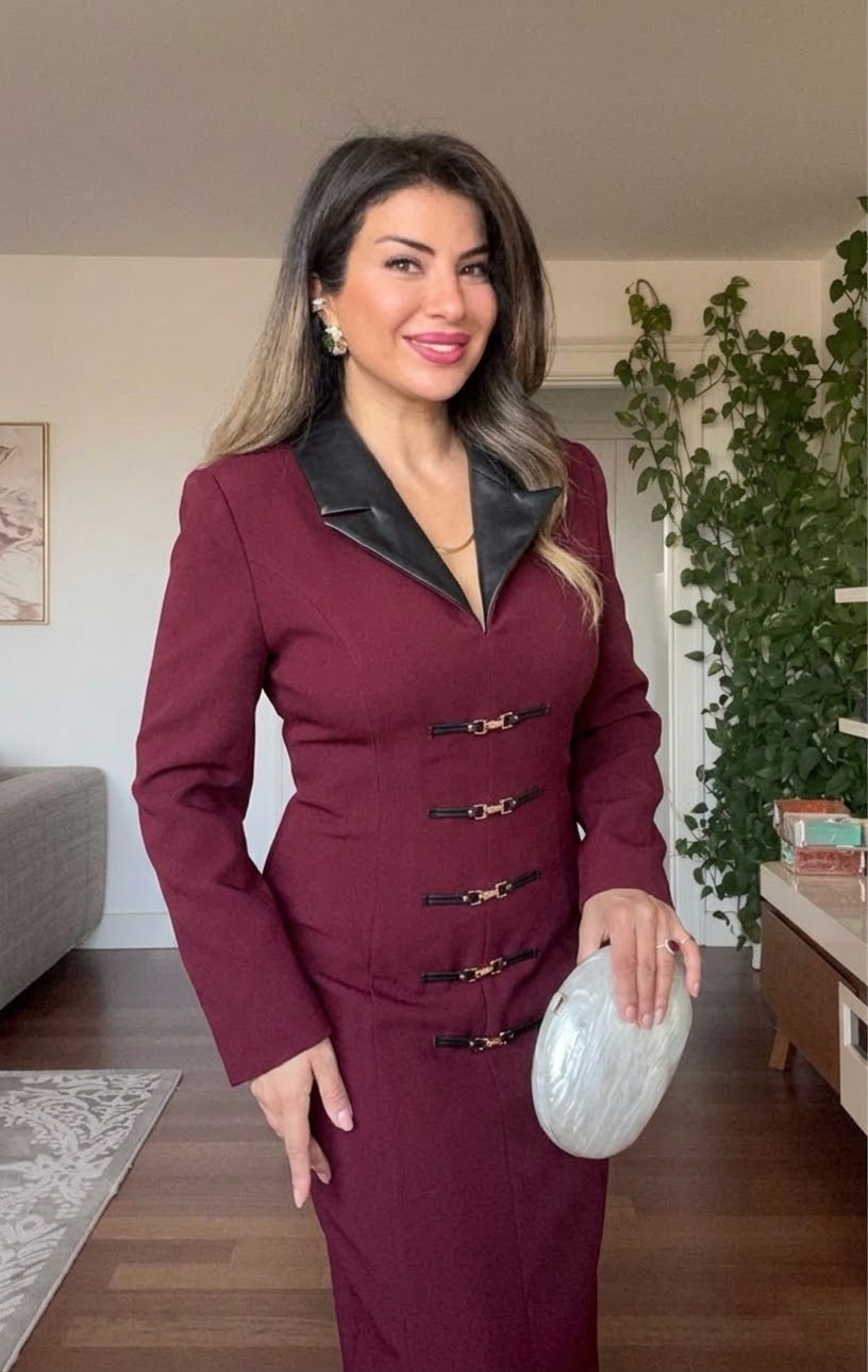 BELTED LEATHER COLLAR MIDI DRESS - BURGUNDY