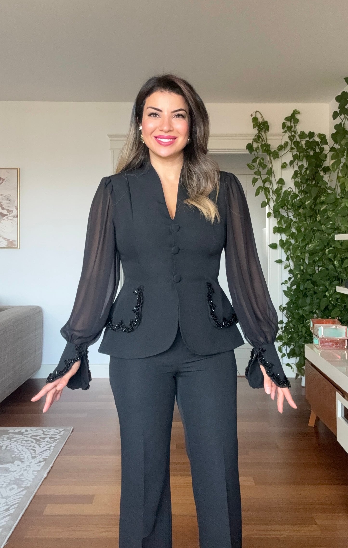 EMBELLISHED CHIFFON SLEEVE BLAZER SUIT - BLACK