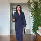 BEADED EMBROIDERED CHIFFON SLEEVE MIDI DRESS - NAVY
