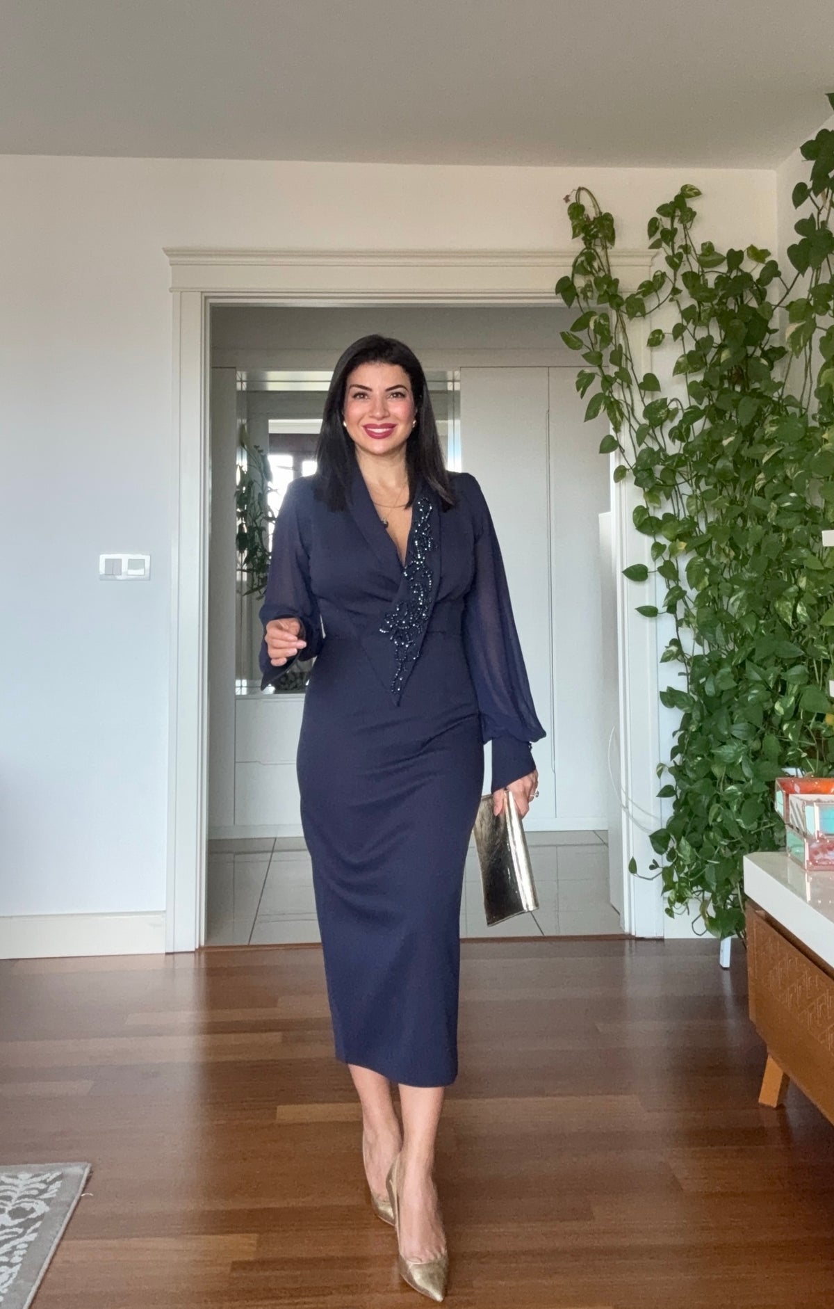 BEADED EMBROIDERED CHIFFON SLEEVE MIDI DRESS - NAVY