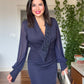 BEADED EMBROIDERED CHIFFON SLEEVE MIDI DRESS - NAVY