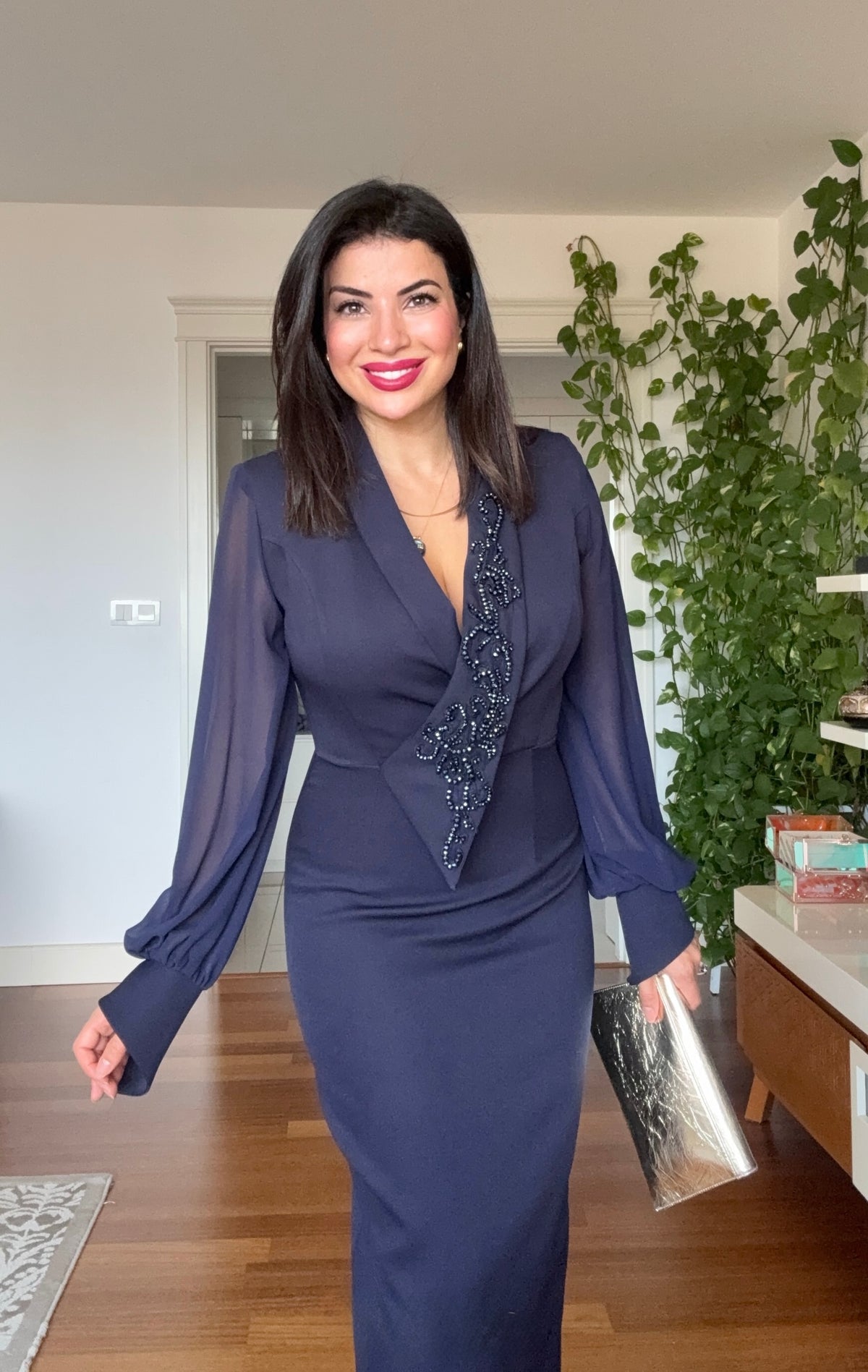 BEADED EMBROIDERED CHIFFON SLEEVE MIDI DRESS - NAVY