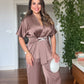 SATIN TWO-PIECE SET WITH WRAP TIE DETAIL - MOCHA BROWN