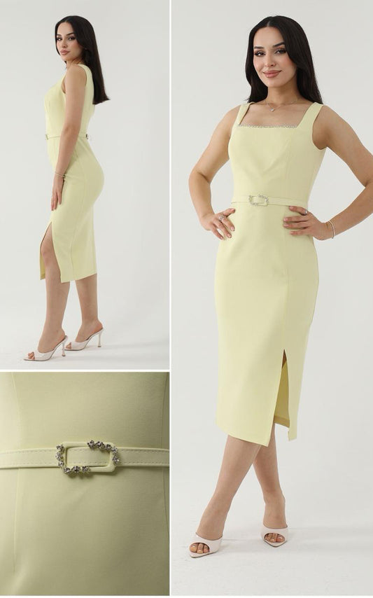 ELEGANT SQUARE NECK EMBELLISHED EVENING DRESS - YELLOW