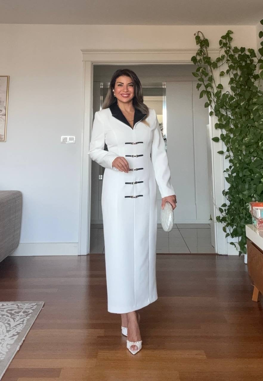 BELTED LEATHER COLLAR MIDI DRESS - WHITE