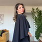 CAPE DETAIL BROOCHED MIDI DRESS - BLACK