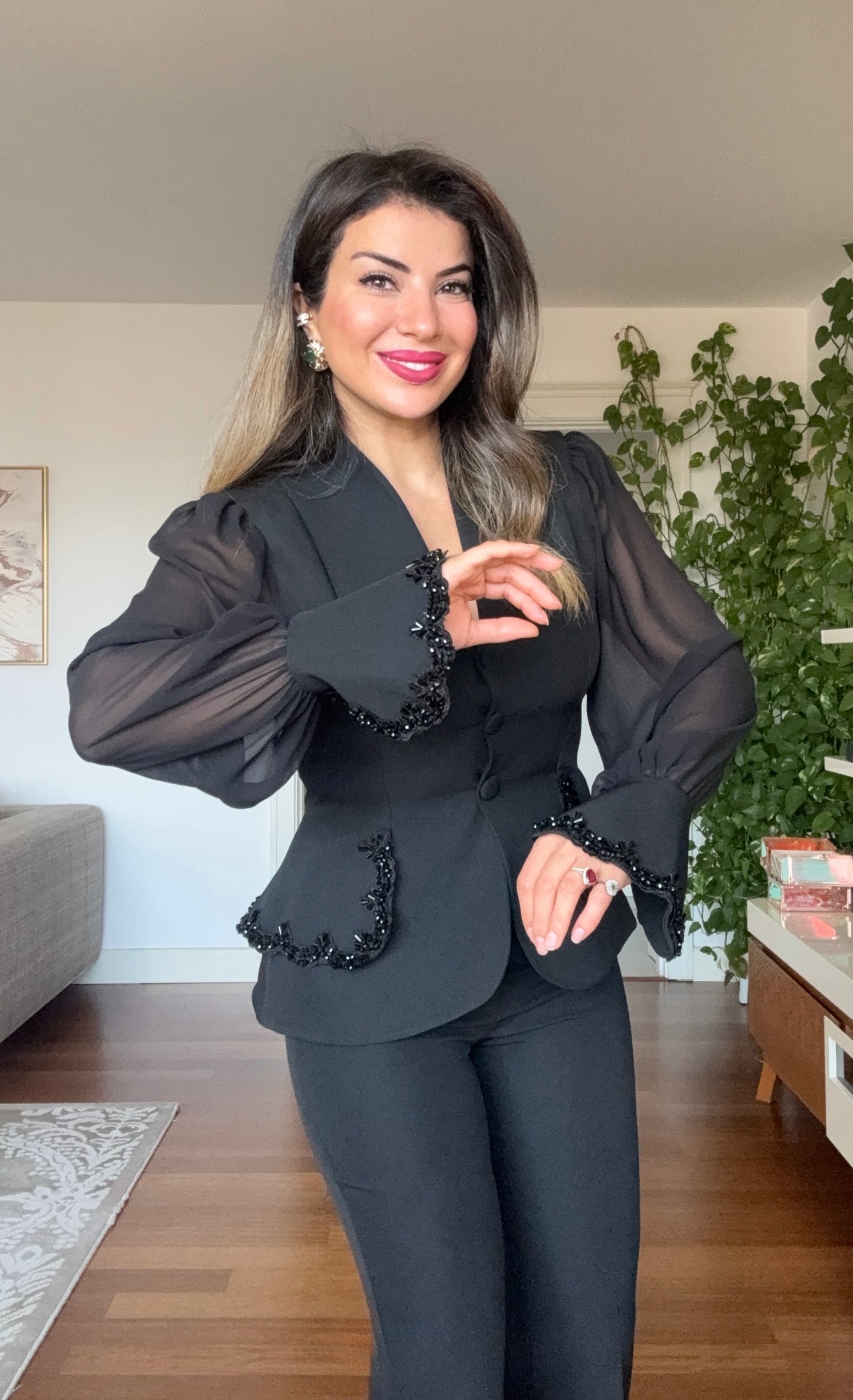 EMBELLISHED CHIFFON SLEEVE BLAZER SUIT - BLACK