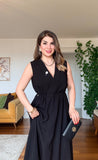 V-NECK CROSSOVER WAISTED SLEEVELESS MAXI DRESS - BLACK