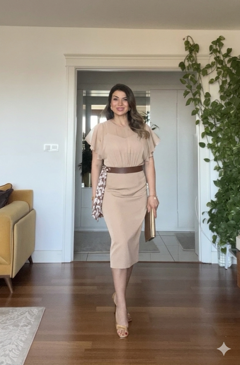CHIFFON DETAILED MIDI DRESS WITH BELT ACCESSORY - BEIGE