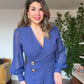 CROSSOVER NECK WAIST-DETAILED WIDE-LEG ELEGANT JUMPSUIT - İNDİGO