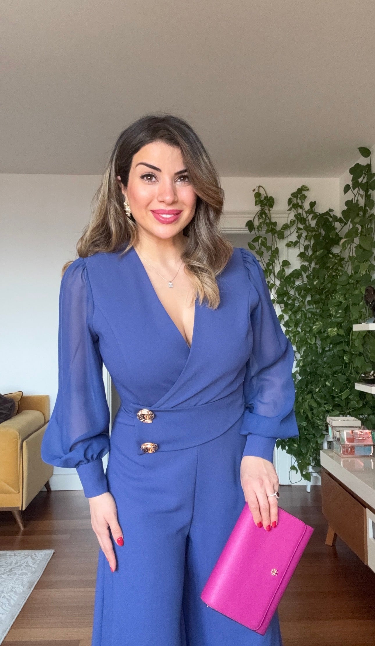CROSSOVER NECK WAIST-DETAILED WIDE-LEG ELEGANT JUMPSUIT - İNDİGO