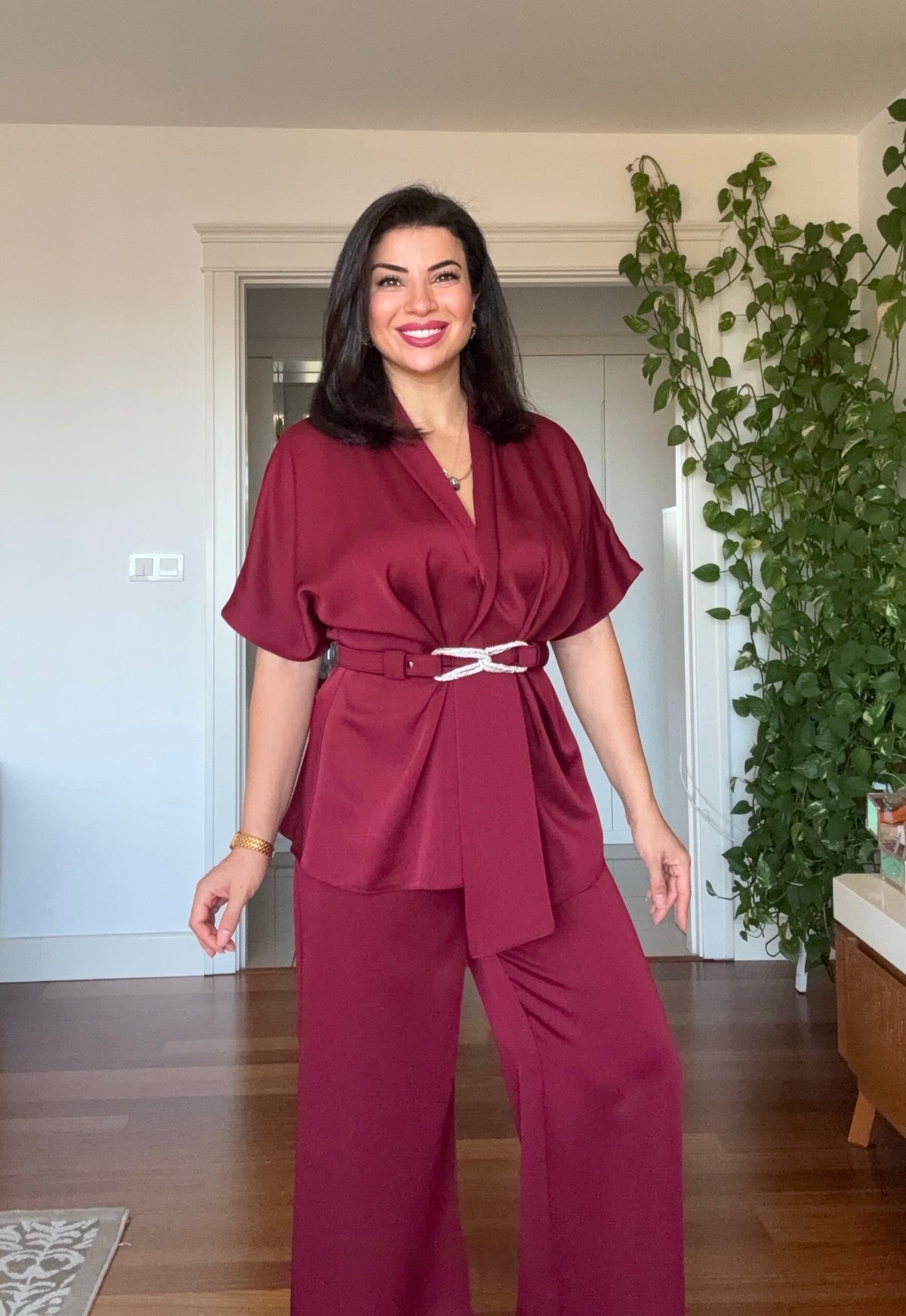 SATIN TWO-PIECE SET WITH WRAP TIE DETAIL