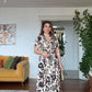 V-NECK WAIST-TIE ETHNIC PRINT FLARE DRESS - BLACK
