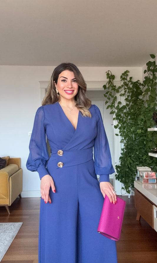 CROSSOVER NECK WAIST-DETAILED WIDE-LEG ELEGANT JUMPSUIT - İNDİGO