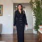 BELTED LEATHER COLLAR MIDI DRESS - BLACK