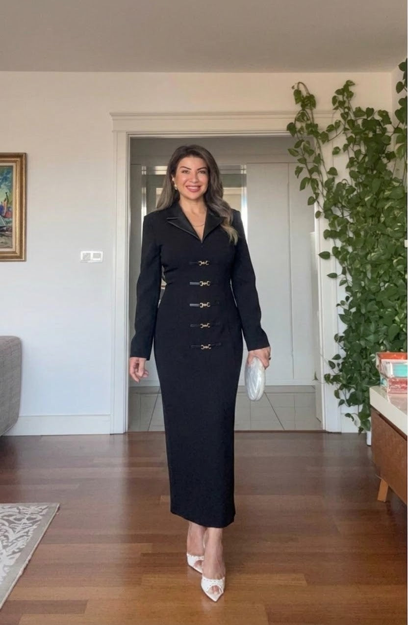 BELTED LEATHER COLLAR MIDI DRESS - BLACK