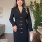 BELTED LEATHER COLLAR MIDI DRESS - BLACK