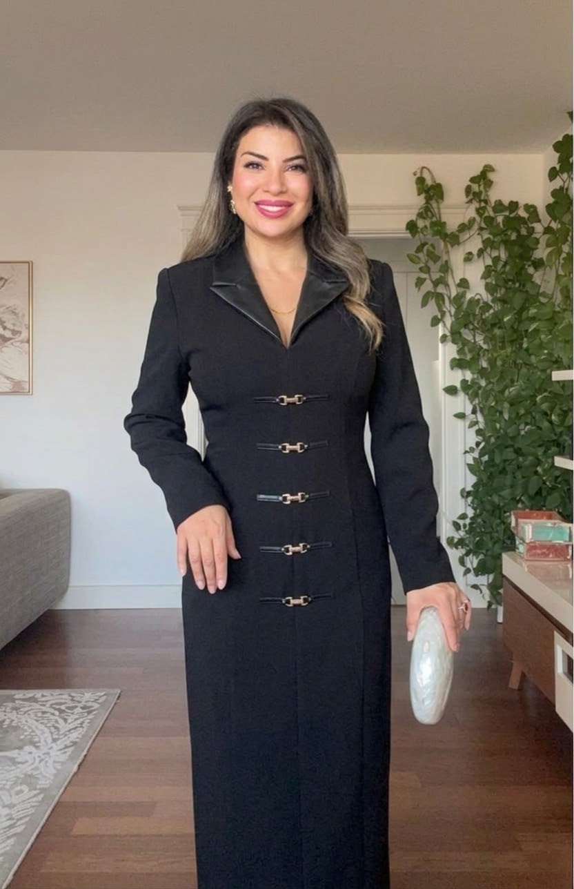 BELTED LEATHER COLLAR MIDI DRESS - BLACK