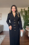 BELTED LEATHER COLLAR MIDI DRESS - BLACK